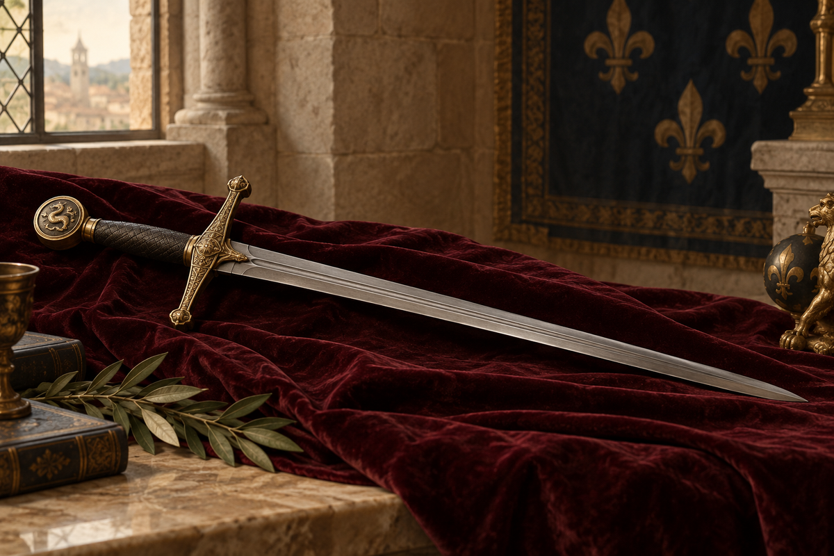 Ilustración editorial de una espada ceremonial renacentista sobre terciopelo burdeos_IA
