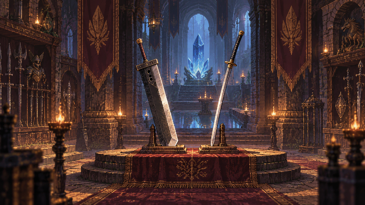Espadón y katana en una cámara fantástica iluminada por un cristal, ilustración editorial en pixel art_IA