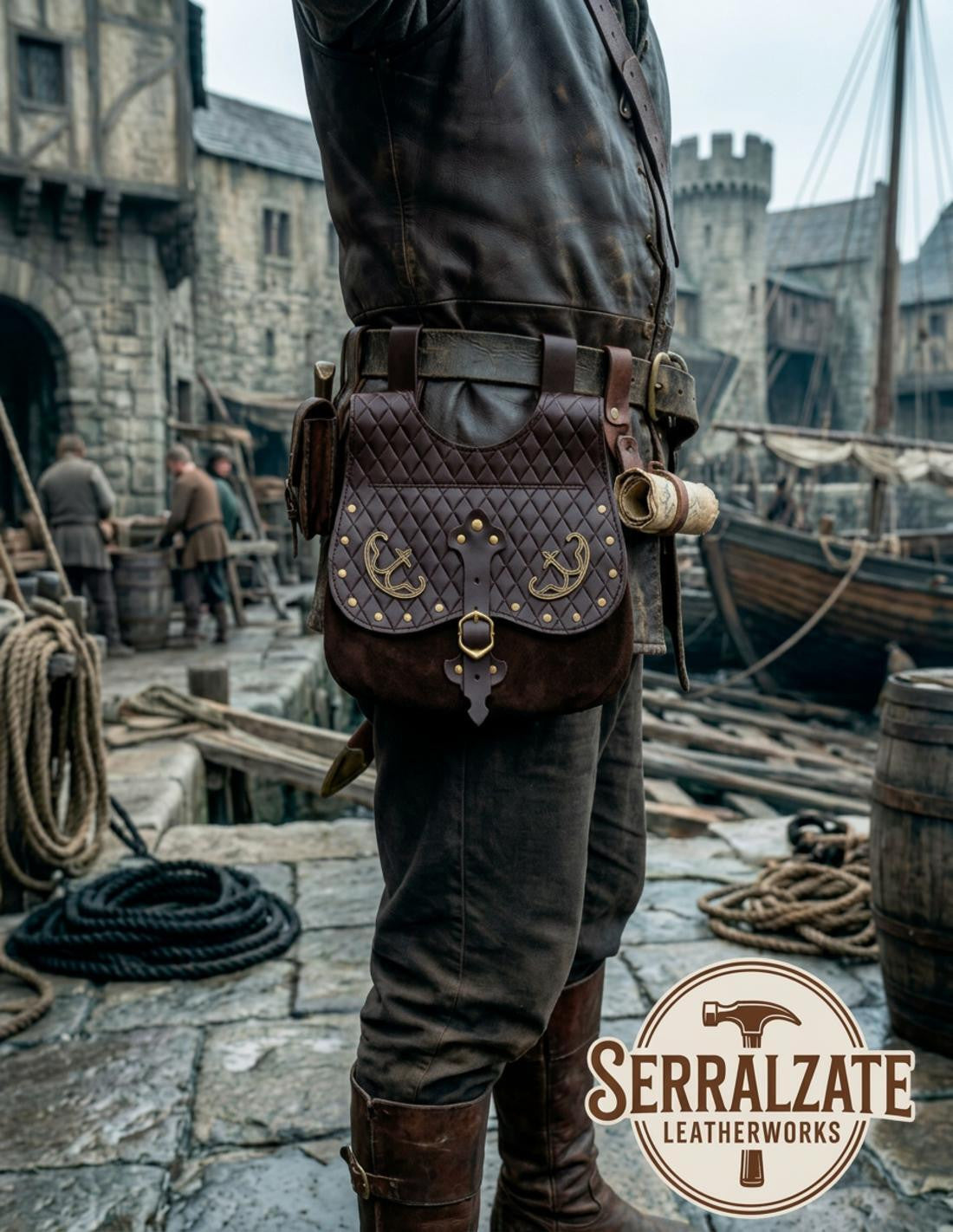 Bolso Medieval con Relieve de Diamante en Cuero Marrón oscuro _IA