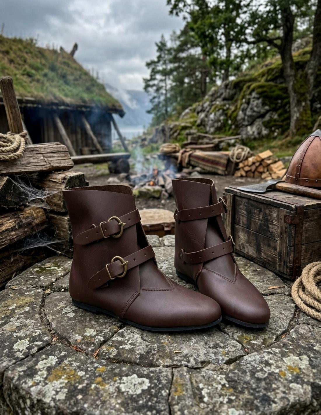 Botines Medievales de Cuero Marrón con Hebillas _IA