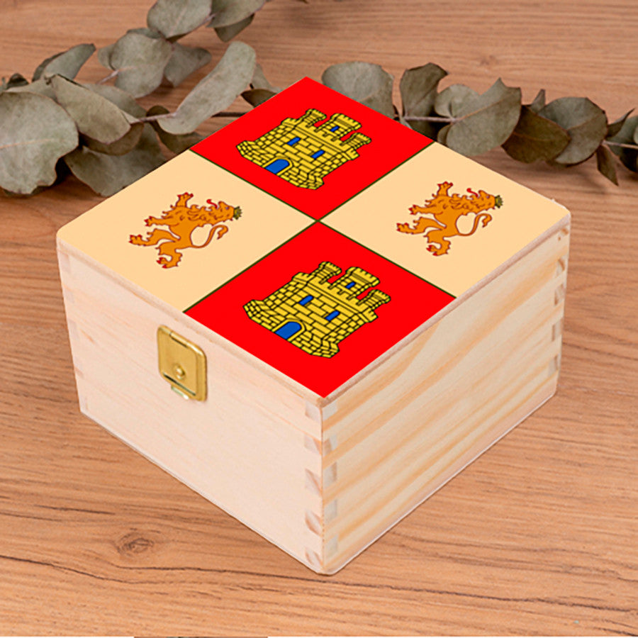 Caja medieval escudo Castilla y León en madera