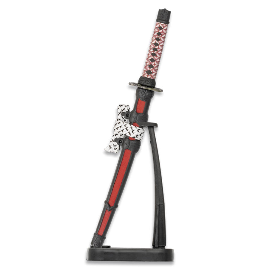 Katana en miniatura funda roja-negra con soporte vertical, 16,5 cm.