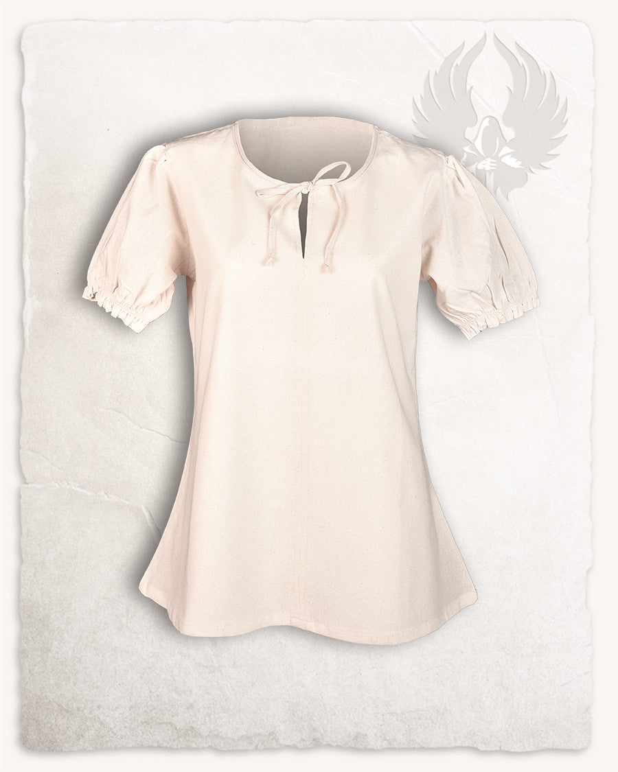 Blusa medieval Elisa manga corta, color crema, con lazo frontal