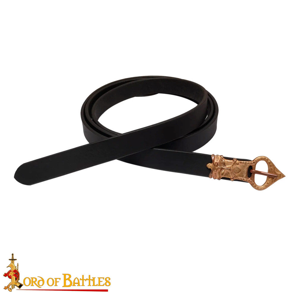 Cinturón medieval Sajón hebilla en bronce, cuero negro