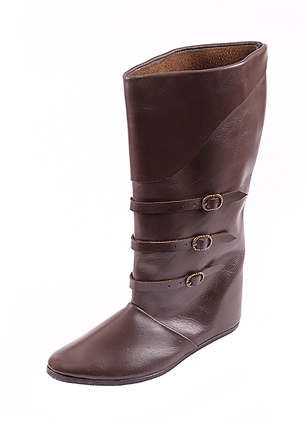 Botas hasta la rodilla con hebillas, color marrón oscuro.