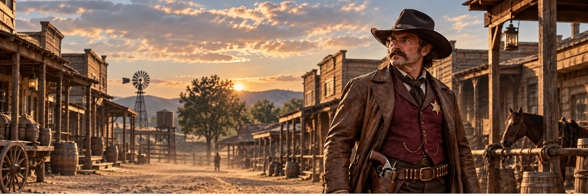 Sheriff en calle del Viejo Oeste con amanecer suave _IA